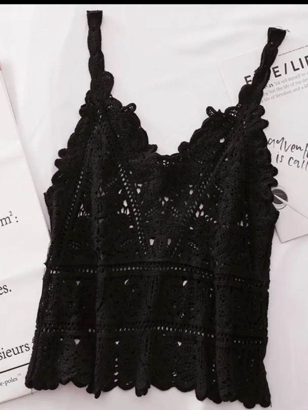 Lace Crochet V-Neck Black Tank Top